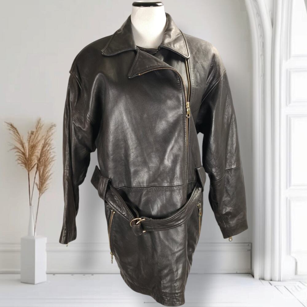 Henri Bendel Andrew Marc Black Leather Moto Jacket Oversized Belted Biker S